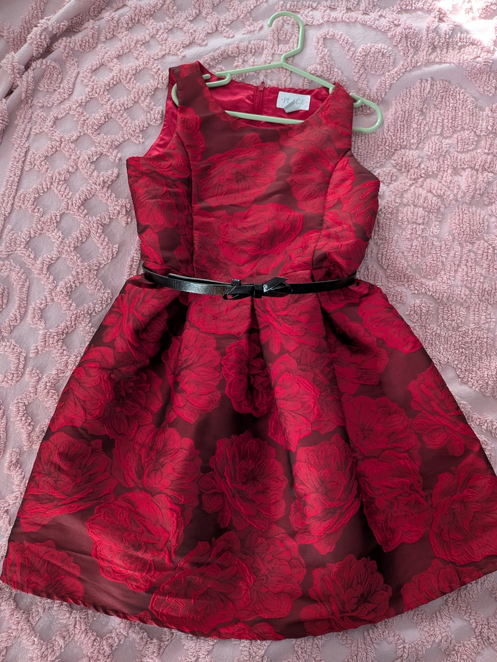 Red Floral Fit-and-Flare Kids Dress with Belt -